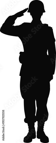 Full length black soldier silhouette saluting in military uniform with helmet isolated on white background for veterans day memorial honor respect and army courage.