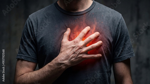 Man experiencing severe heartburn and chest pain, with a fiery glow illustrating the discomfort of acid reflux. Medical concept