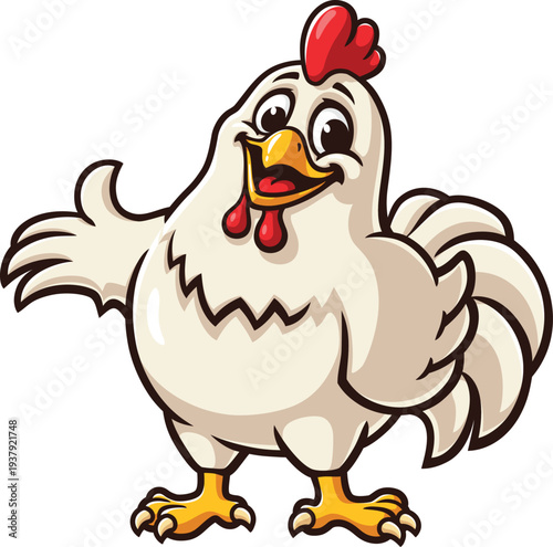 Cartoon chicken mascot with welcoming pose