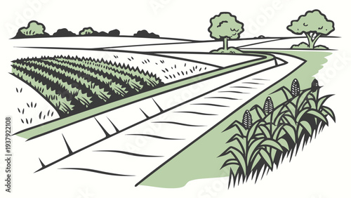 A serene landscape with a winding path leading through a lush green field and trees Vector