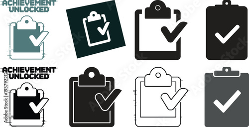 Clipboard with Checkmark Icon Set – Task Completion, Achievement Unlocked, Productivity Symbols