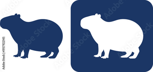 Dark blue capybara silhouette next to white capybara in blue square
