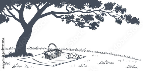A serene landscape with a tree and a person sitting under its shade Vector