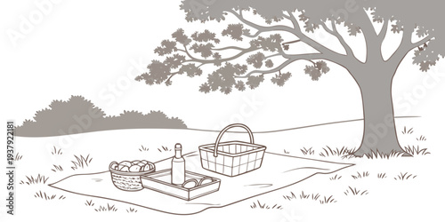 A serene landscape with a large tree and a small house in the background Vector