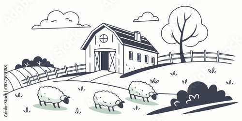 A serene countryside scene with a house, trees, and grazing animals under a clear sky Vector