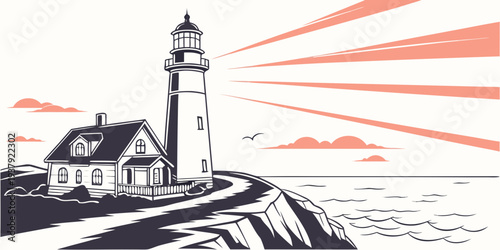 A picturesque lighthouse standing tall on a rocky cliff at sunrise. Vector