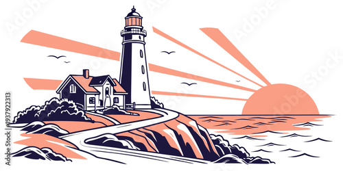 A lighthouse standing tall amidst a stormy sea with crashing waves and lightning. Vector