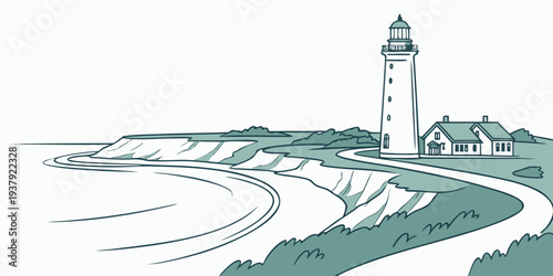 Lighthouse standing tall on a rocky shoreline with waves crashing nearby Vector