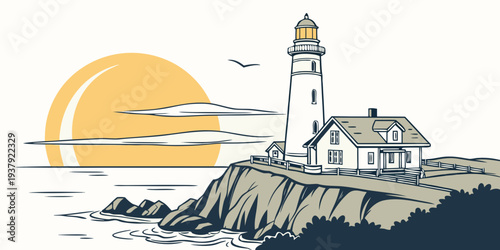 A serene lighthouse standing tall on a rocky cliff overlooking the vast ocean. Vector