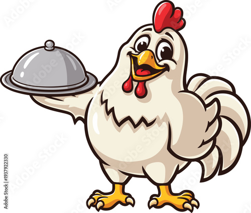 Cartoon chicken mascot carrying a serving tray