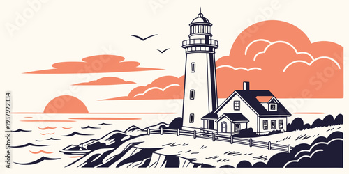 A picturesque lighthouse standing tall amidst a rocky coastline during sunset Vector