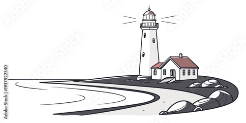 A serene lighthouse standing tall on a cliff overlooking the vast ocean. Vector