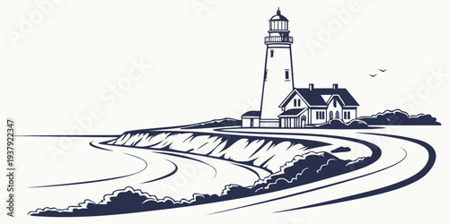A lighthouse stands tall on a rocky coastline with a winding road leading to it. Vector
