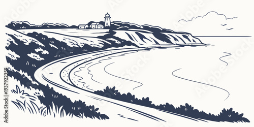 A serene landscape with a winding river and distant mountains under a cloudy sky. Vector