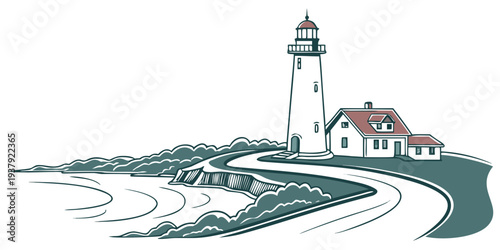 A picturesque lighthouse standing tall on a rocky shore with waves crashing nearby Vector