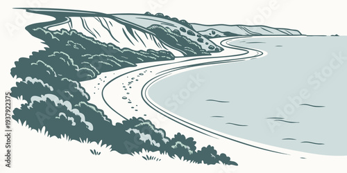 A serene beach with gentle waves lapping against the shore and a clear blue sky overhead Vector