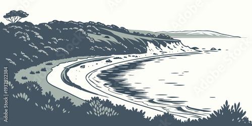 A serene view of a winding road along a coastal cliff with the ocean in the background. Vector