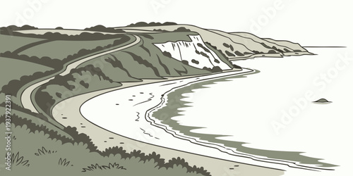 Aerial view of a coastal landscape with winding roads and lush greenery Vector