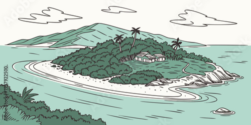 A picturesque tropical island with lush greenery and clear blue waters Vector
