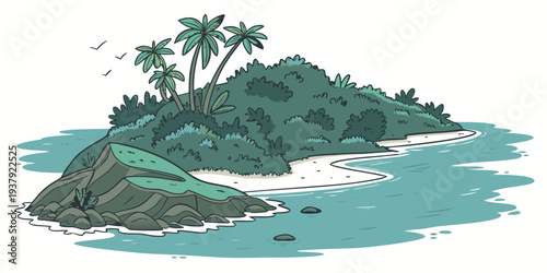 A serene island with lush greenery and a small beach by the ocean Vector