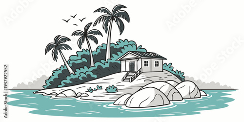 A serene tropical island with palm trees and a small hut overlooking the ocean. Vector