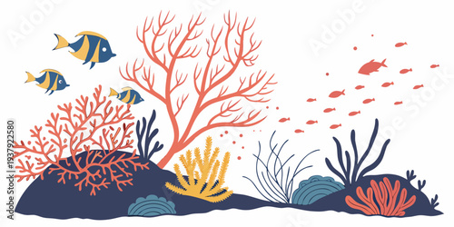 Vibrant underwater scene with diverse marine life and coral formations Vector