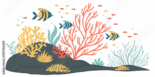 Vibrant underwater scene with colorful fish and coral reefs Vector