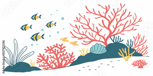 Vibrant coral reef teeming with diverse marine life in a clear ocean environment. Vector