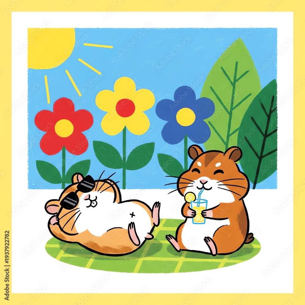 Fototapeta premium Cute Hamsters Relaxing in a Sunny Garden with Flowers.