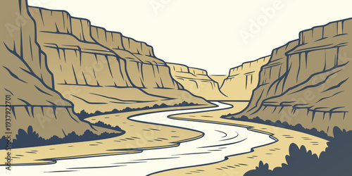 A dramatic landscape of a winding river cutting through a vast, rocky canyon under a clear sky. Vector