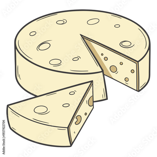 A delicious cheese wheel with a slice cut out, revealing the creamy interior Vector