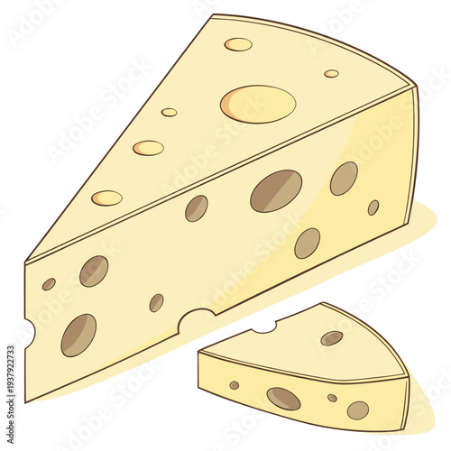 A close-up view of a wedge of swiss cheese with holes and a smaller piece beside it Vector