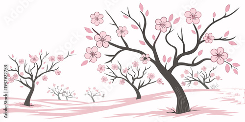 A serene landscape with blooming cherry blossom trees and a tranquil river Vector