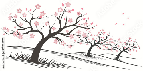 A serene scene of blooming cherry blossom trees in a tranquil park setting. Vector