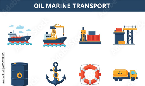 Oil marine transport graphic with cargo ship platform truck barrel life preserver anchor icons