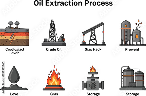 Oil extraction illustration layers drill pump jack separator oil drop flame valves and storage tanks