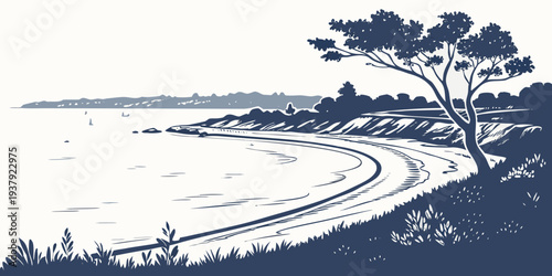 A serene landscape of a river flowing through a valley with a solitary tree on the shore Vector