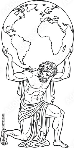 Greek mythology titan Atlas kneeling and holding the planet earth globe on his shoulders in a classic black and white line art style