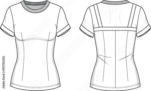 Technical fashion flat sketch of a women's slim fit crew neck t-shirt with ribbed collar cuffed sleeves and back yoke