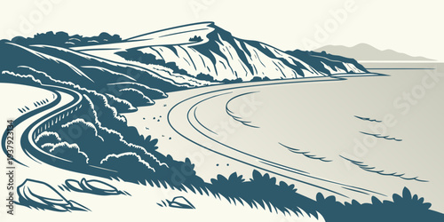 Majestic mountain range with flowing river and dense forest landscape Vector