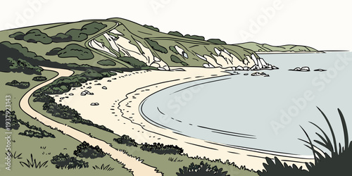 Aerial view of a serene beach with clear blue waters and lush greenery Vector