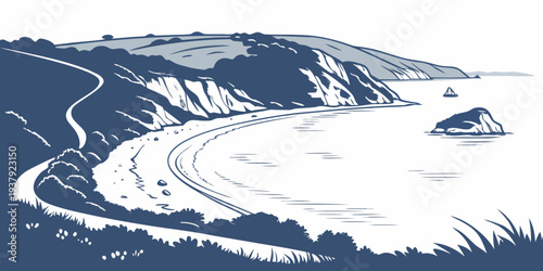 A majestic view of a swirling blue ocean wave captured in a stunning black and white photograph Vector