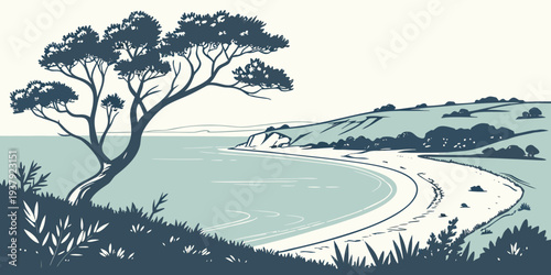 A serene landscape featuring a winding river and lush trees on its banks Vector