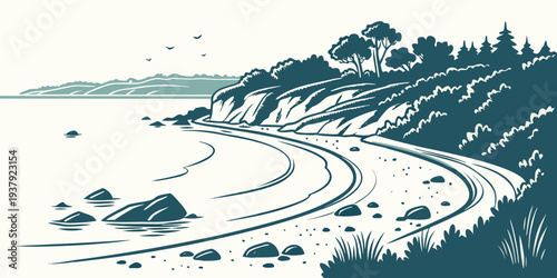 A serene coastal scene with winding roads and lush greenery along the shore Vector