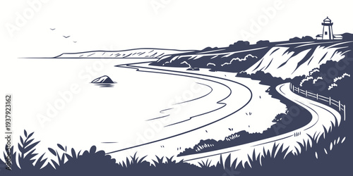 A serene lighthouse standing tall on a cliff overlooking a winding river. Vector