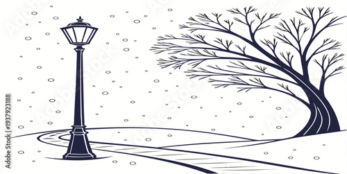 A solitary street lamp stands amidst a wintery scene with bare trees. Vector