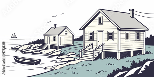 A serene lakeside house with a dock and boat under a clear blue sky Vector