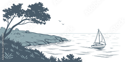 A serene sailboat gliding on a calm lake surrounded by lush greenery Vector