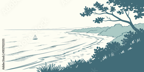 A serene seascape with gentle waves and a distant horizon under a clear sky Vector