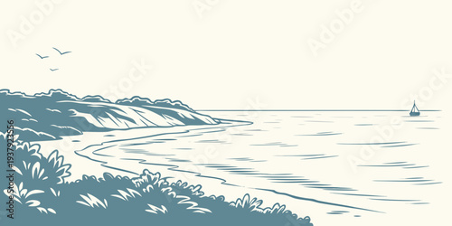 A serene seascape with a sailboat gently gliding over calm waters under a clear sky Vector